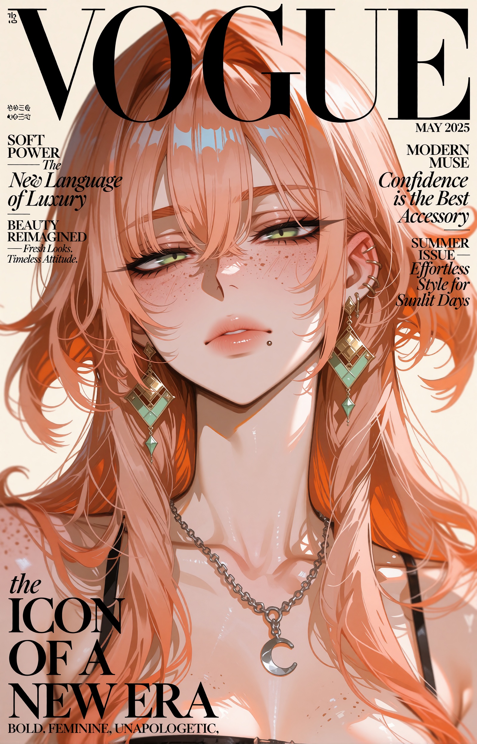 A vertical fashion magazine cover rendered as a highly detailed semi-realistic anime illustration. A young woman with long...
