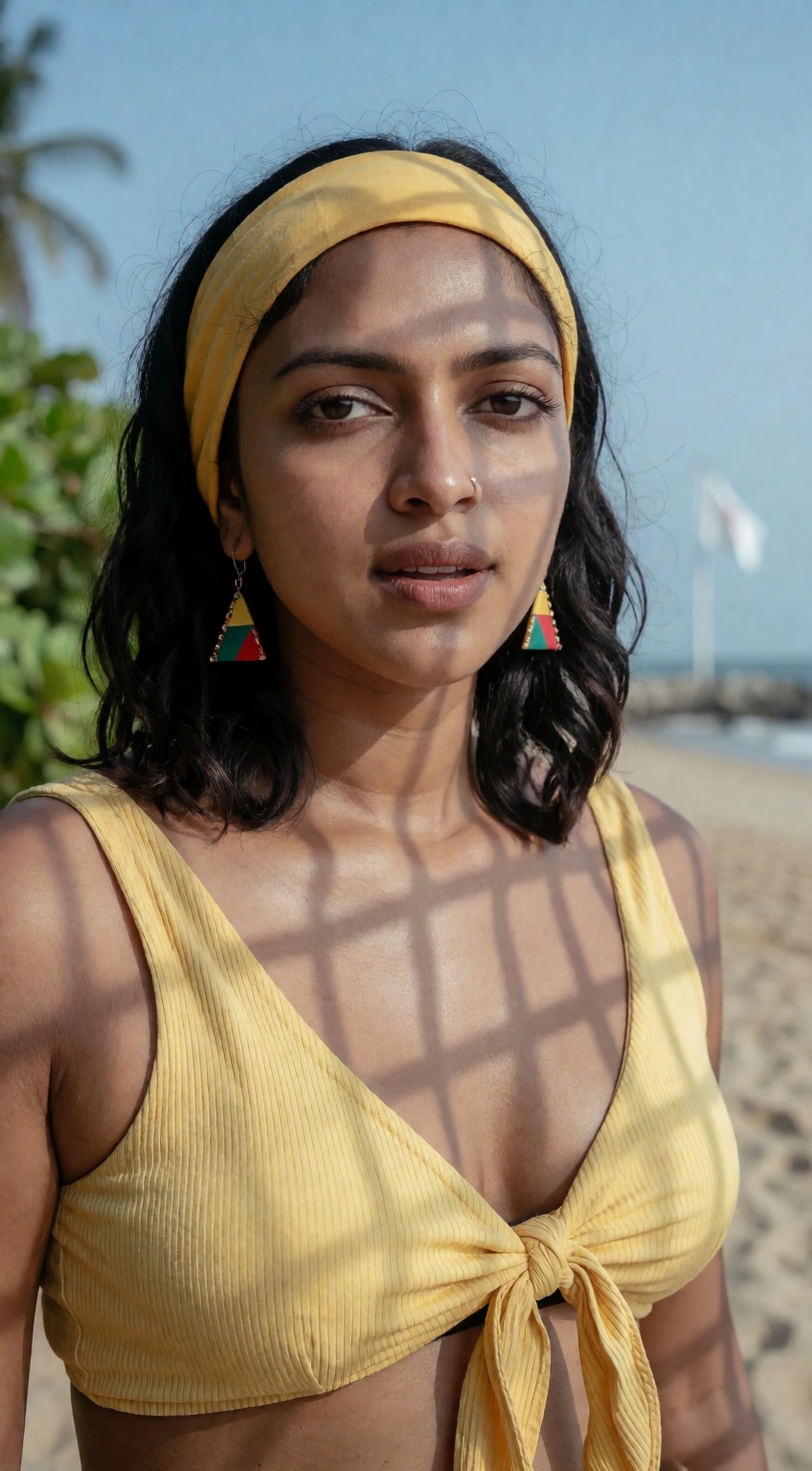 Photograph of a young South Asian woman with medium brown skin and dark,  shoulder-length hair,  partially covered by a ye...