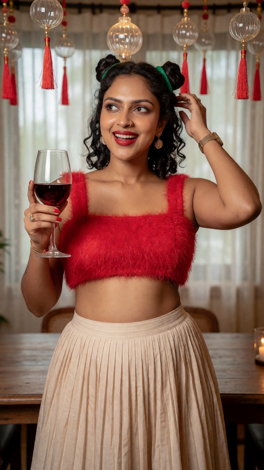 Photograph of a mallu actress Amala Paul with medium brown skin and dark curly hair styled in two buns,  wearing a red fuz...