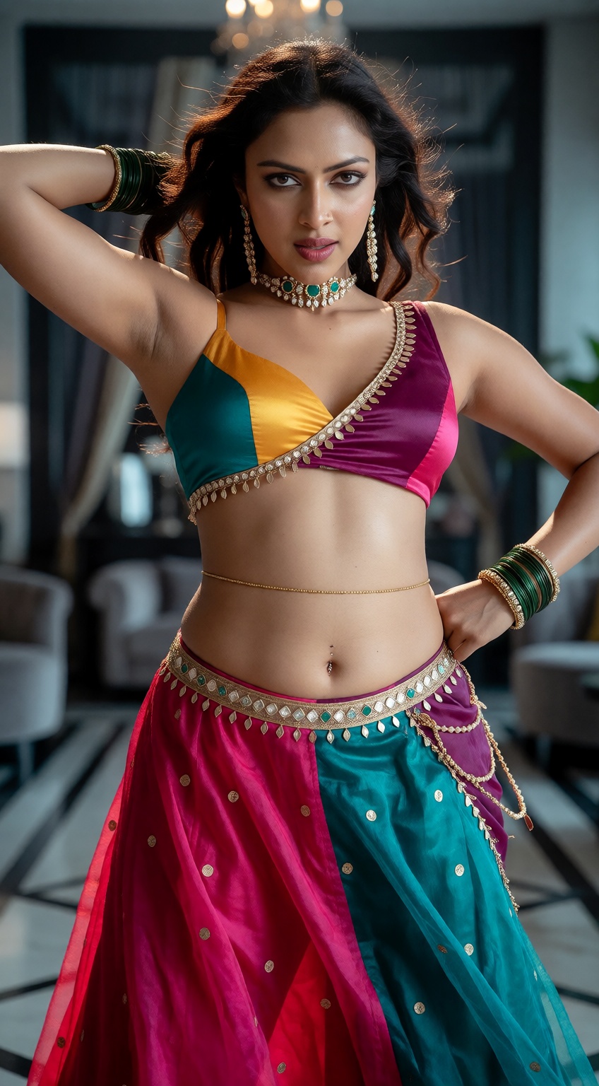 Create a striking image of Malllu actress Amala Paul in a vibrant and captivating navel-show outfit. The outfit should fea...