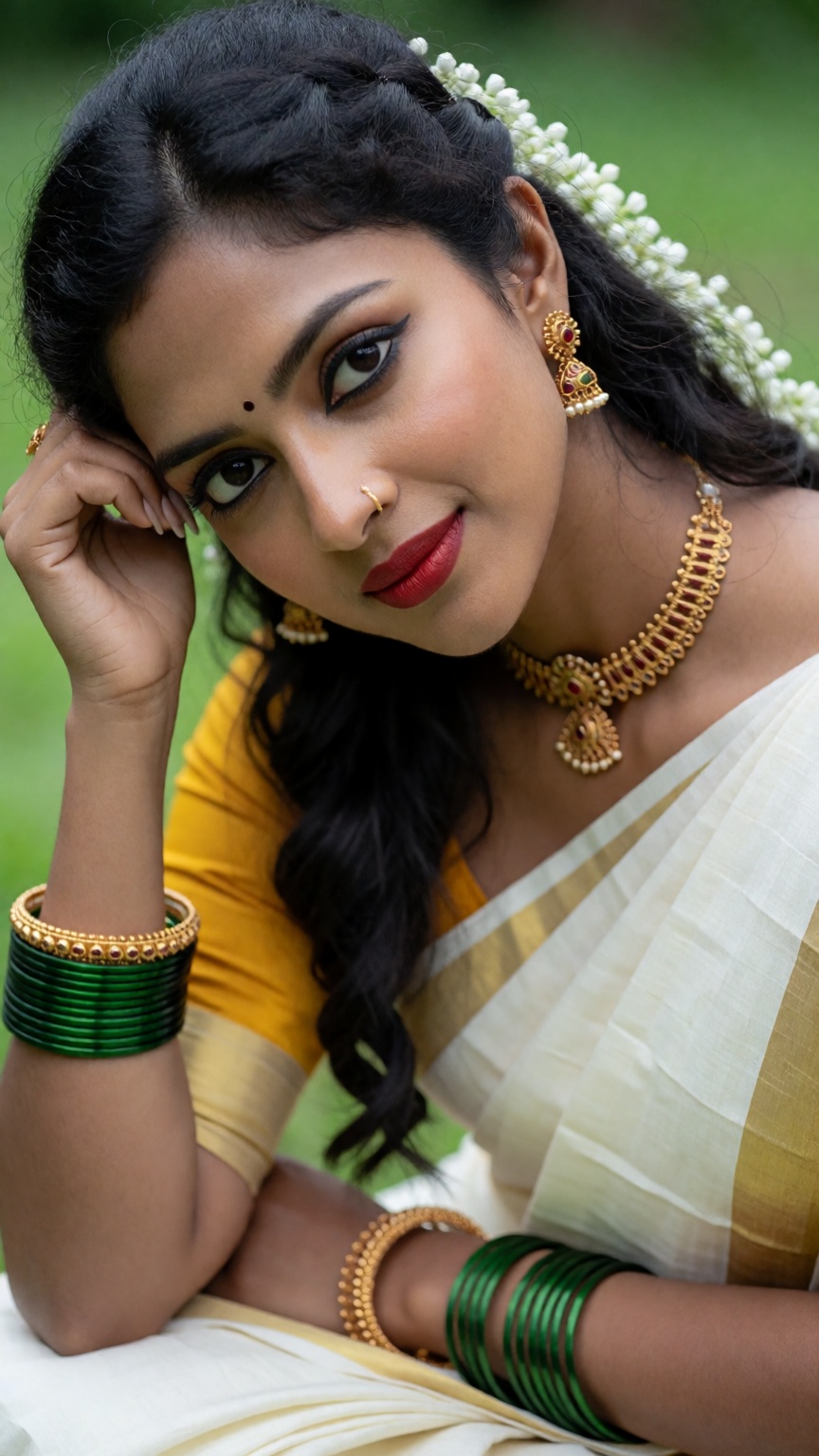 Photograph of a beautiful South Asian woman with medium brown skin and dark,  wavy hair adorned with white flowers. She ha...