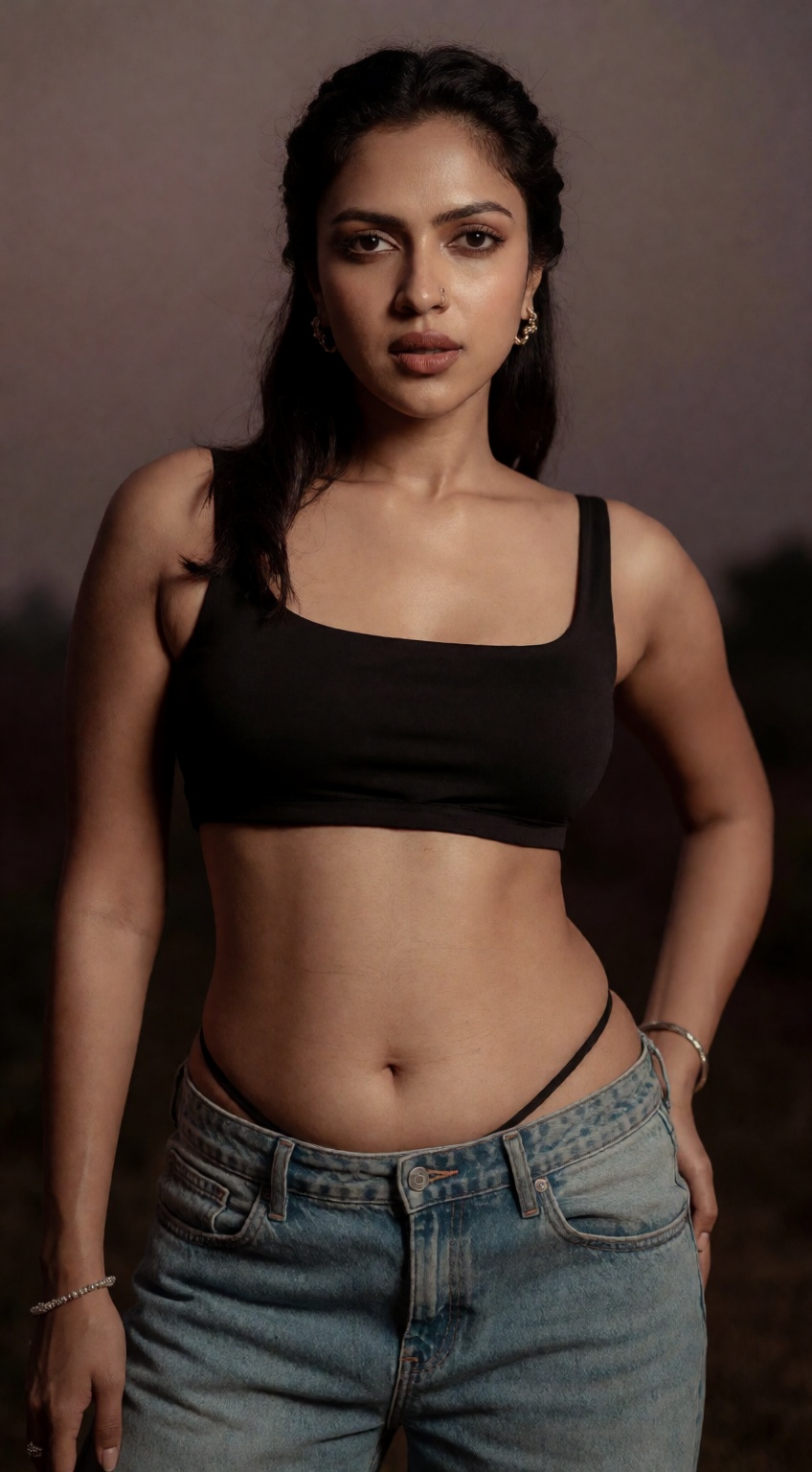 Create a striking portrait of Malllu actress Amala Paul in a seductive modern Western outfit. The low-rise jeans accentuat...