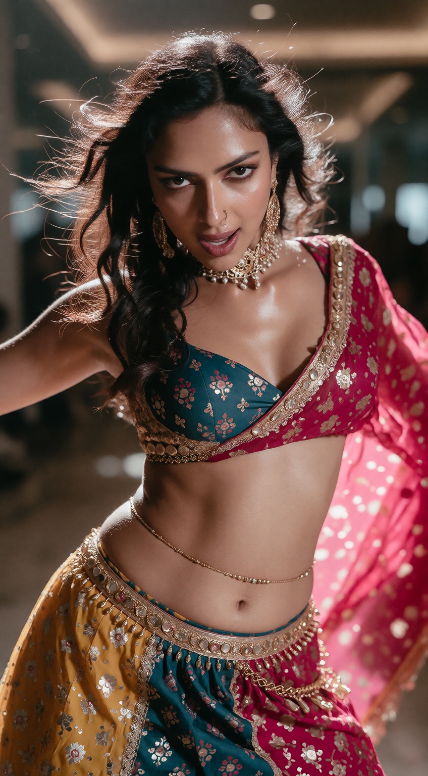 Create a striking image of Malllu actress Amala Paul in a vibrant and captivating navel-show outfit. The outfit should fea...