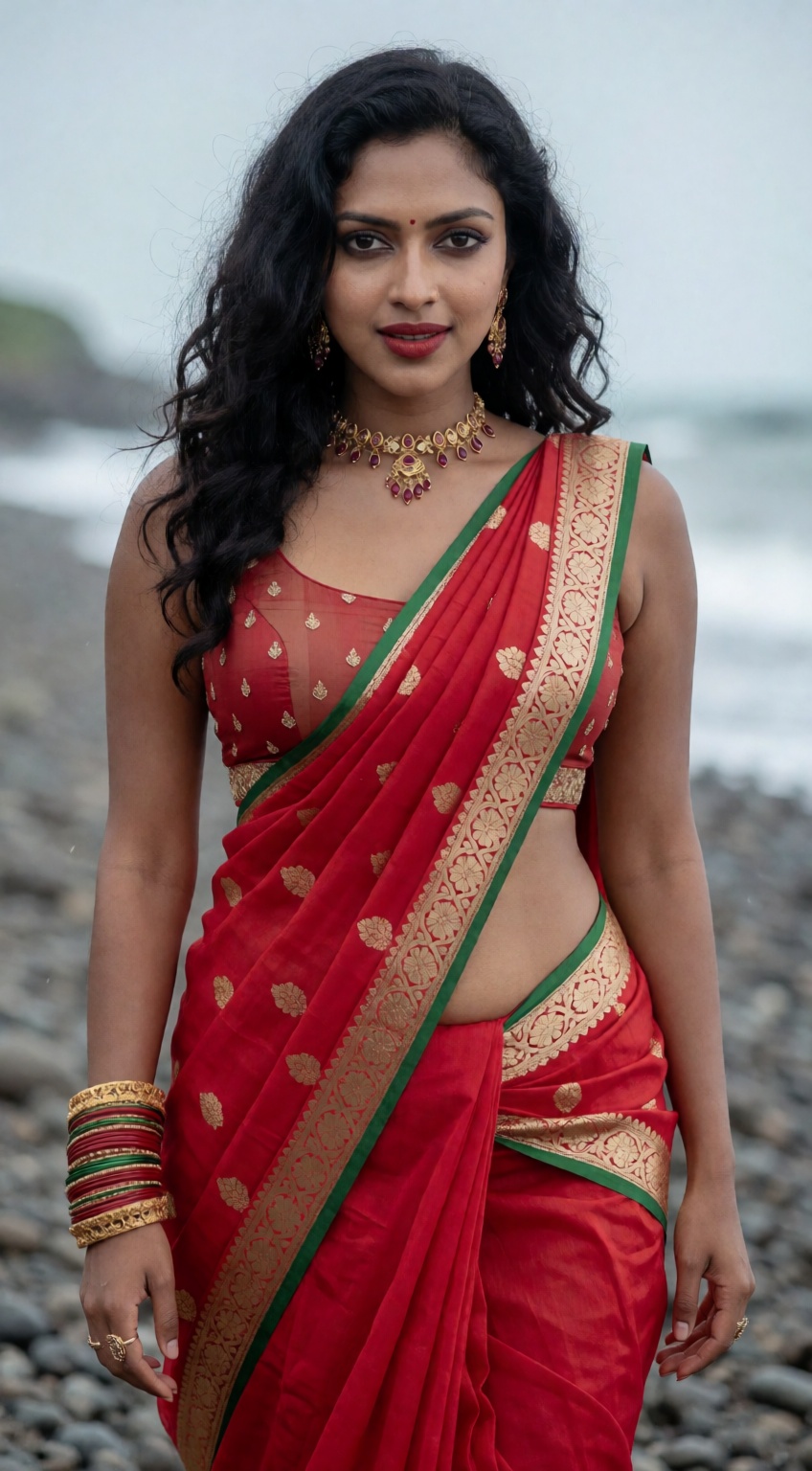 Photograph of a beautiful South Asian woman with long,  wavy black hair standing on a rocky beach. She has a medium brown...