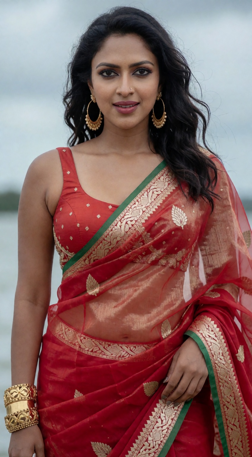 Photograph of a confident woman with medium brown skin and long,  wavy black hair standing outdoors against a blurred,  cl...