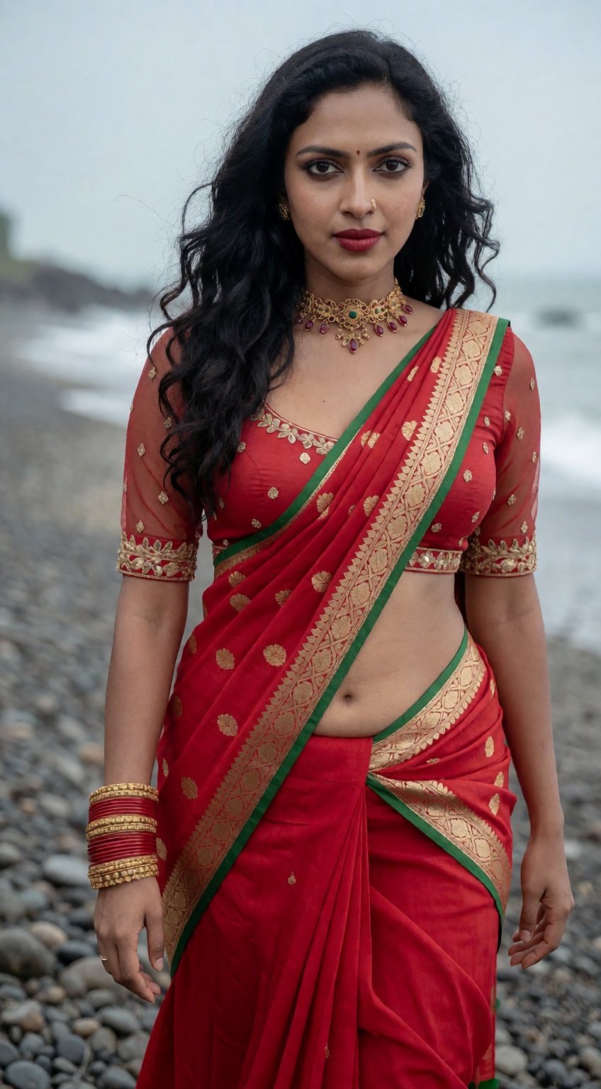 Photograph of a beautiful South Asian woman with long,  wavy black hair standing on a rocky beach. She has a medium brown...