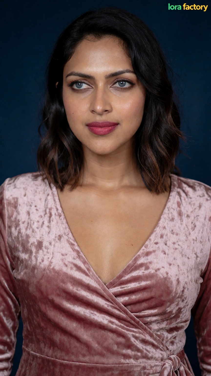 Photograph of a actress Amala Paul,  mallu woman with medium brown skin and dark brown,  shoulder-length hair. She has blu...