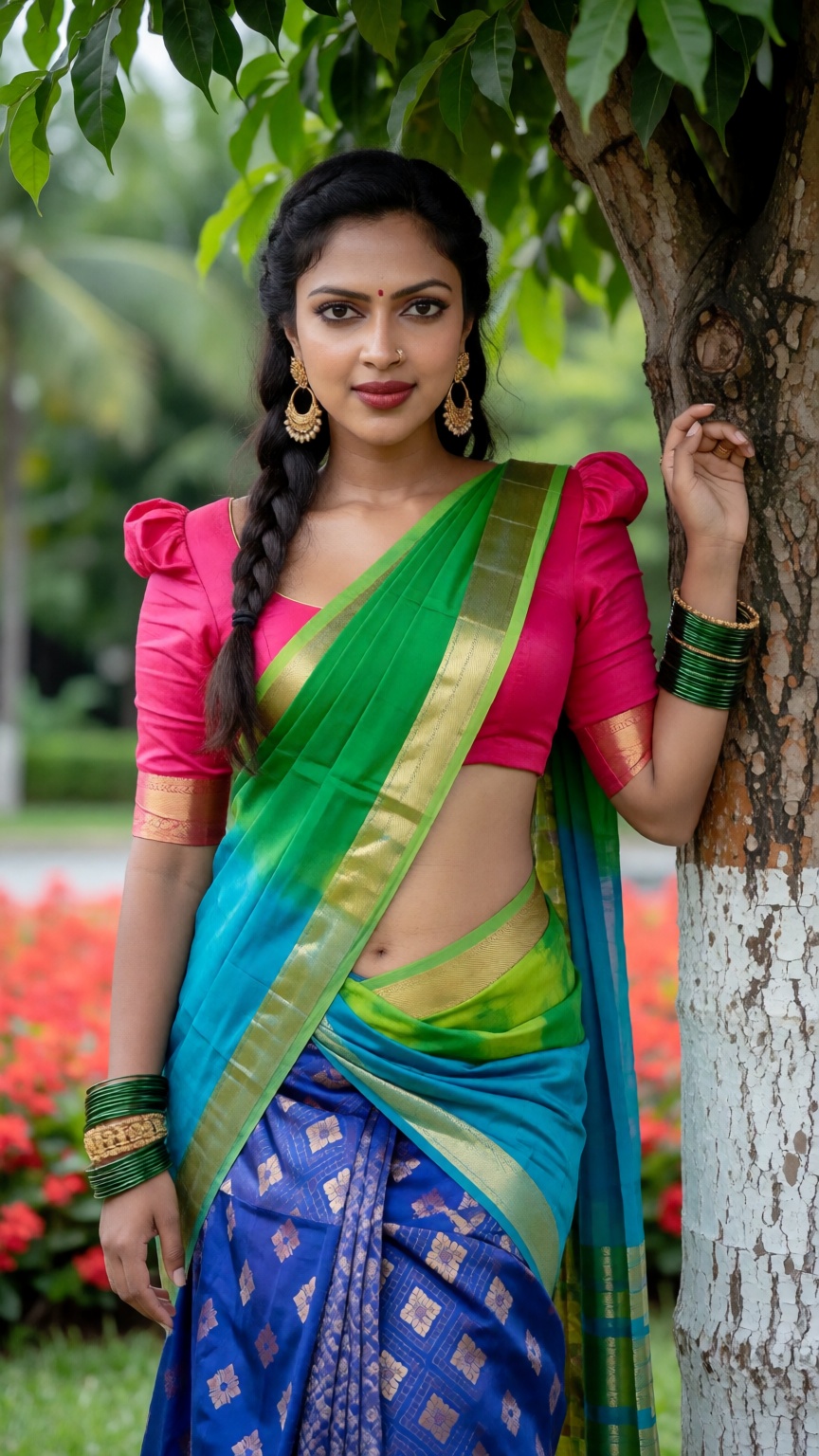 Photograph of a mallu actress Amala Paul standing outdoors next to a tree with textured bark. She has medium brown skin an...