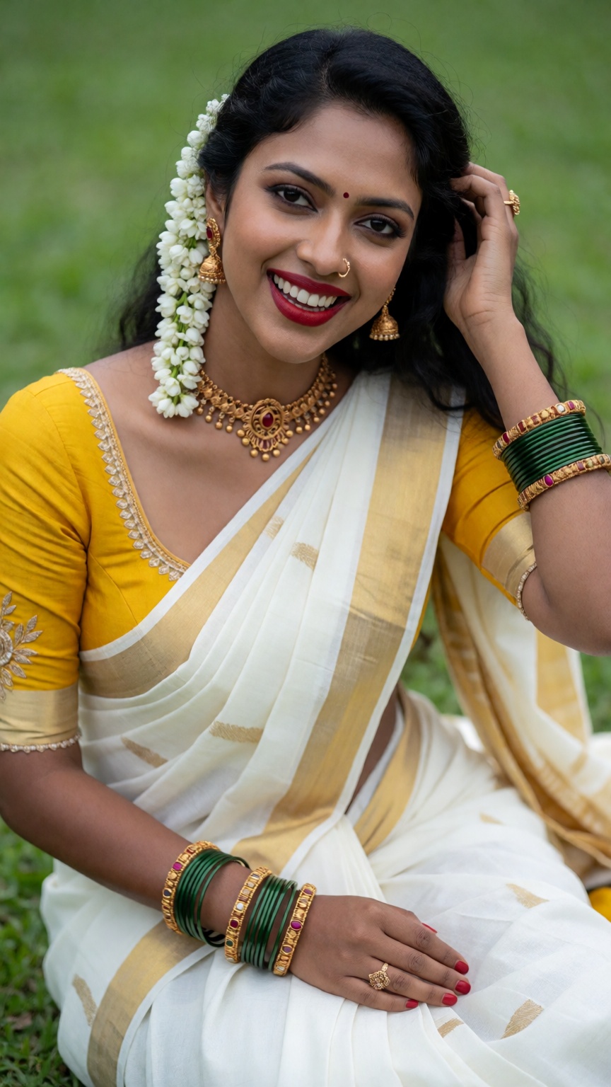 Photograph of a smiling Indian woman with medium brown skin and long black hair,  adorned with white flowers. She wears a...