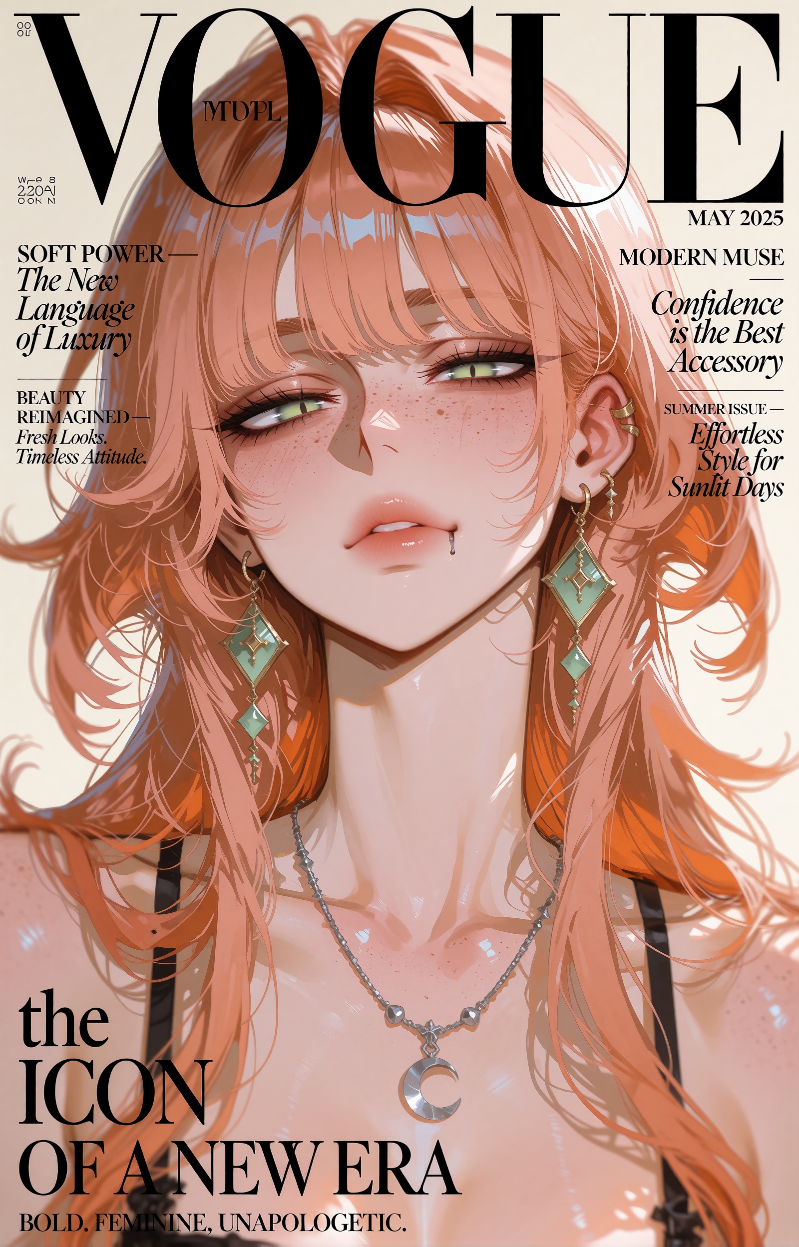A vertical fashion magazine cover rendered as a highly detailed semi-realistic anime illustration. A young woman with long...