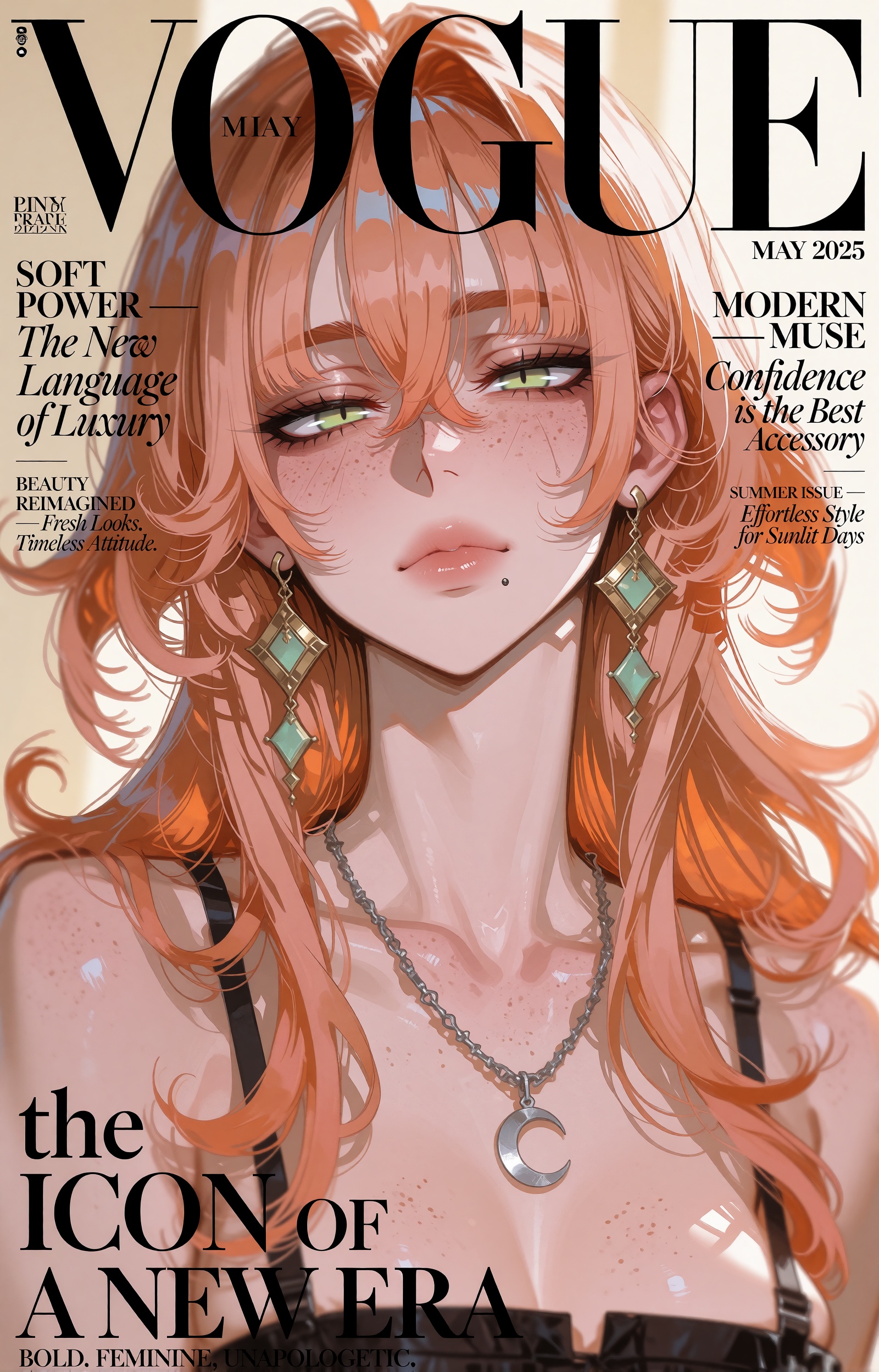 A vertical fashion magazine cover rendered as a highly detailed semi-realistic anime illustration. A young woman with long...