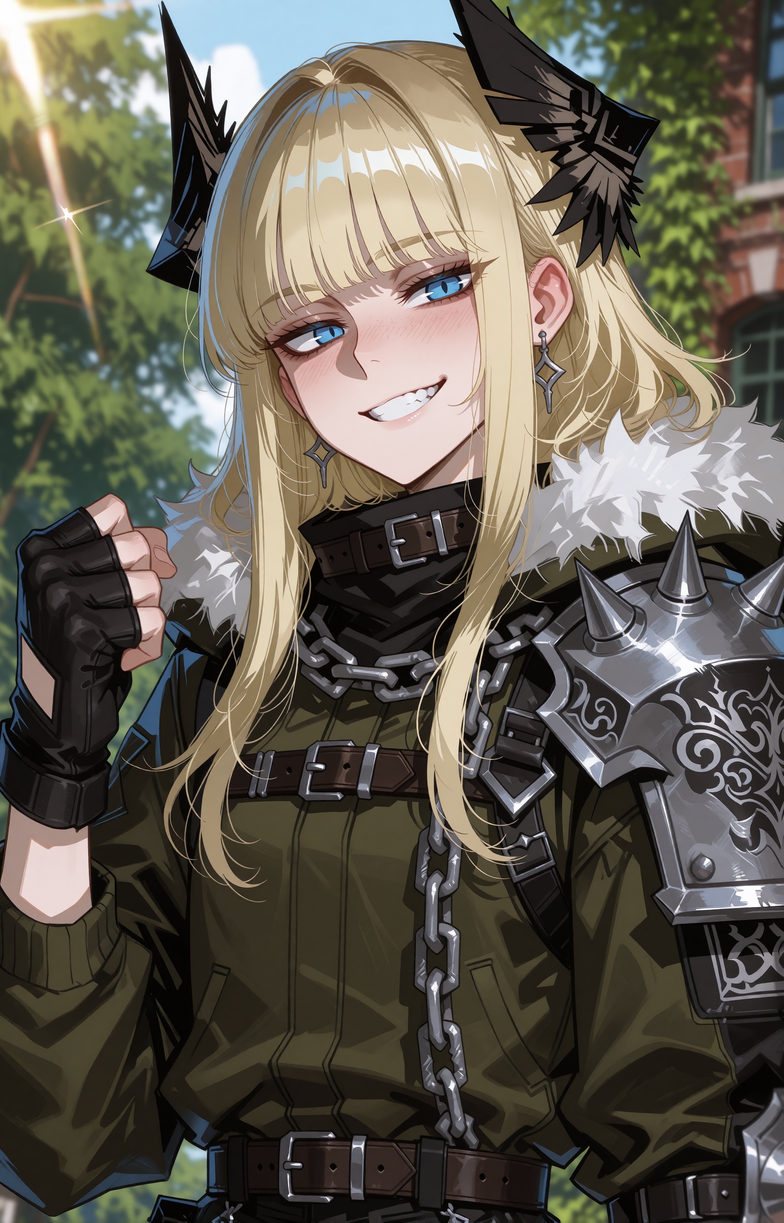 Cel-shaded anime key visual of a confident young woman with long straight blonde hair and blunt hime-cut bangs,  vivid blu...
