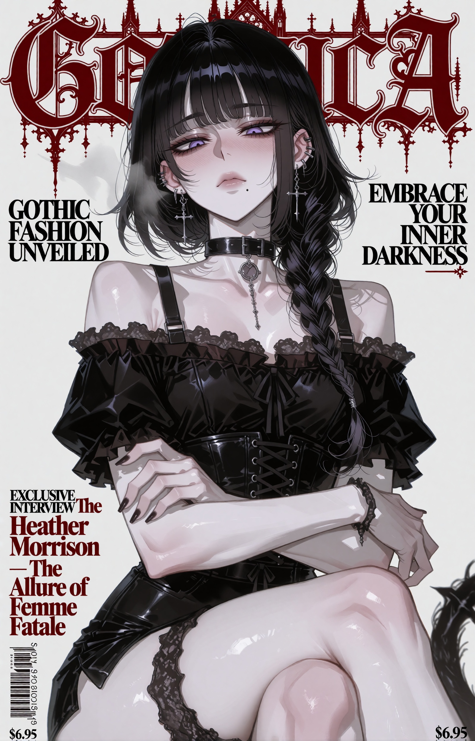 A gothic fashion magazine cover illustration on a clean off-white background. Across the top,  an ornate masthead reads "G...
