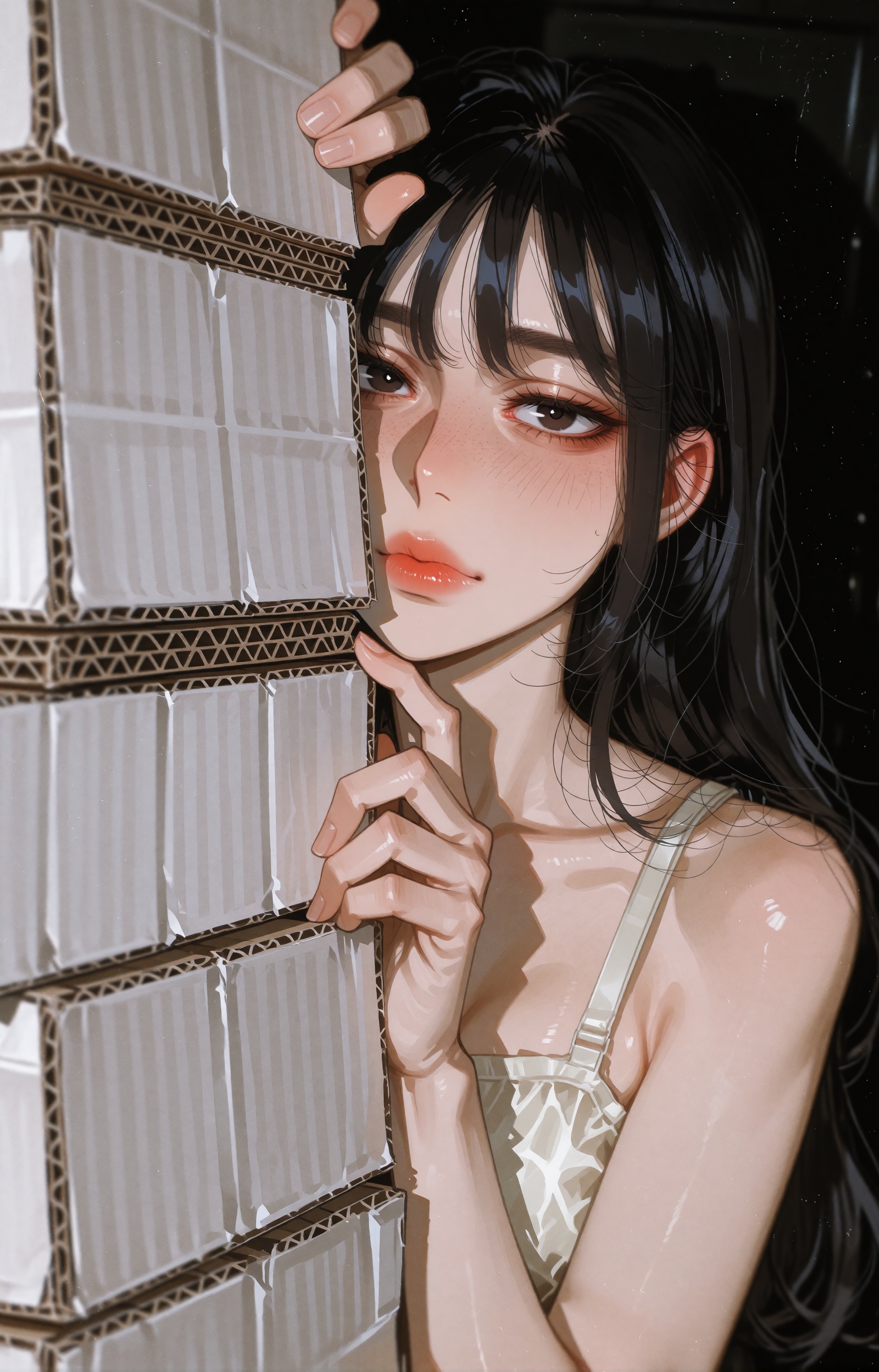 A nostalgic film-style portrait photograph of a young woman with long black hair and wispy bangs peeking out from behind a...