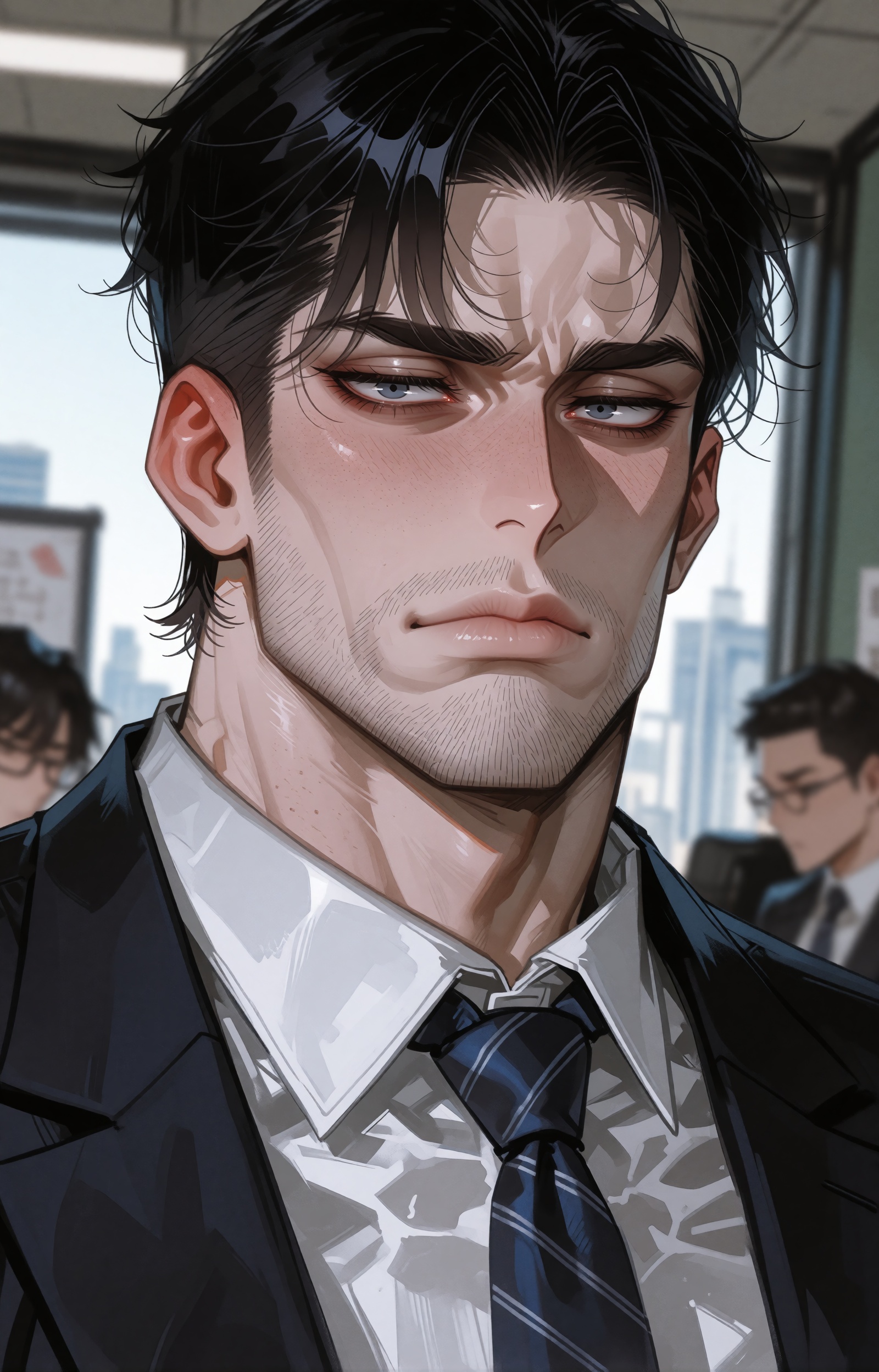 Create a digital painting in a realistic style where a muscular man with black hair and a chiseled jawline is looking dire...