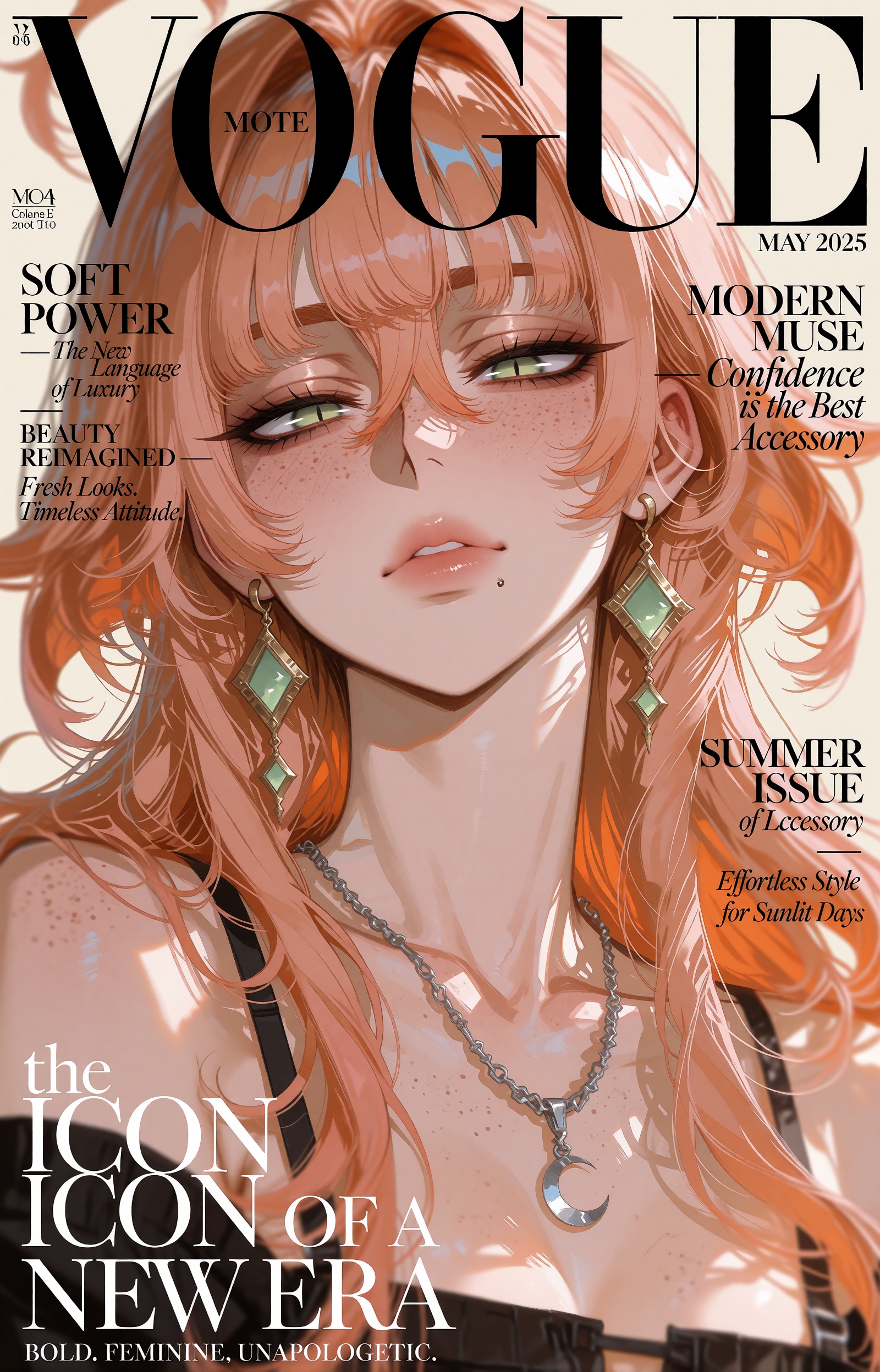 A vertical fashion magazine cover rendered as a highly detailed semi-realistic anime illustration. A young woman with long...