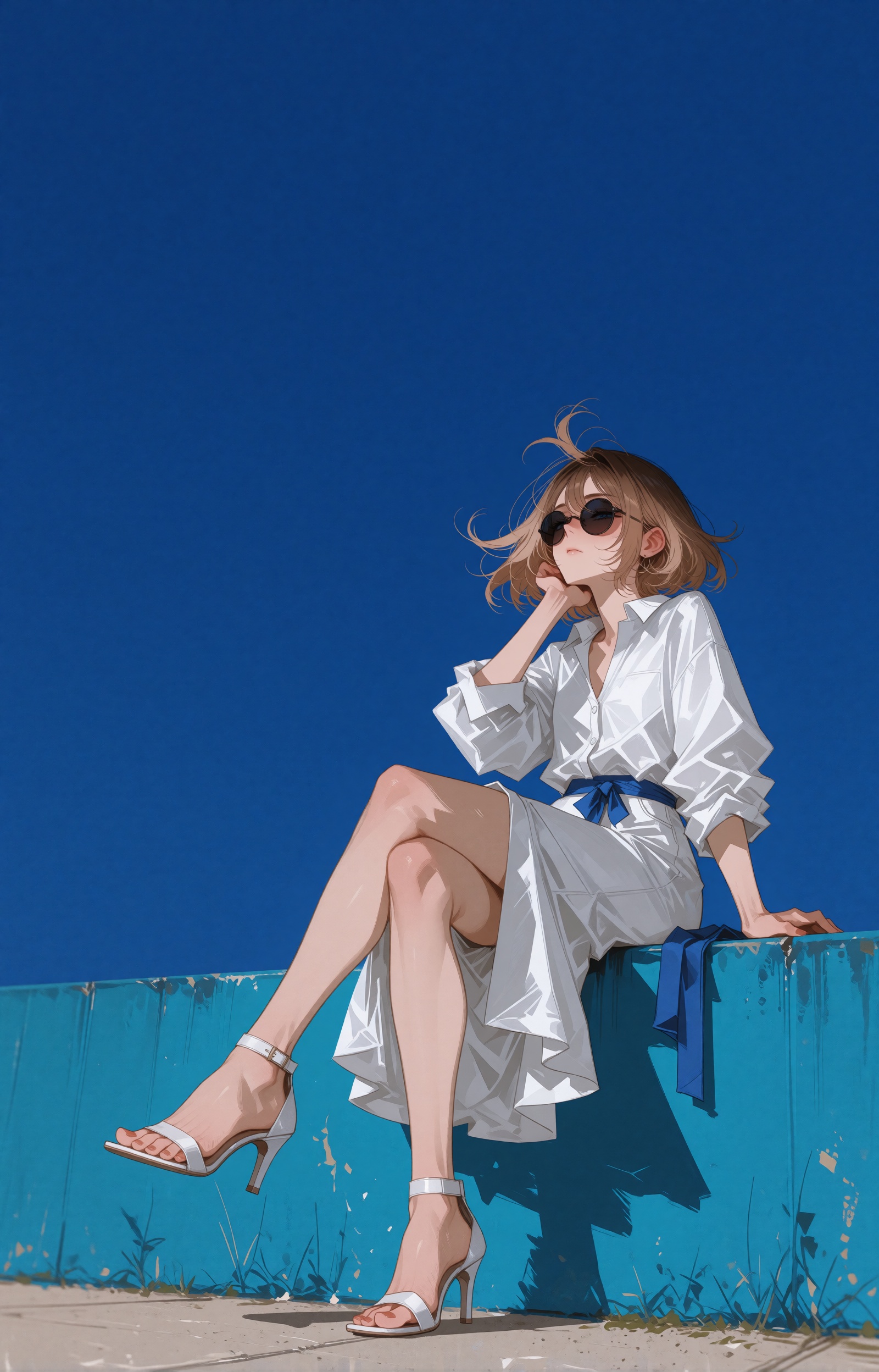 A minimalist anime-style digital illustration of a young woman sitting on the edge of a vivid turquoise-blue wall beneath...