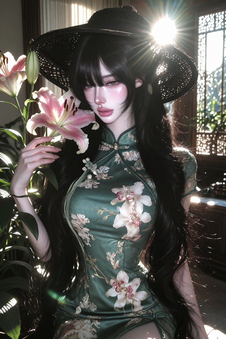 1woman,  solo,  a realistic vintage portrait of a young woman wearing a traditional Chinese-inspired dark green floral qip...