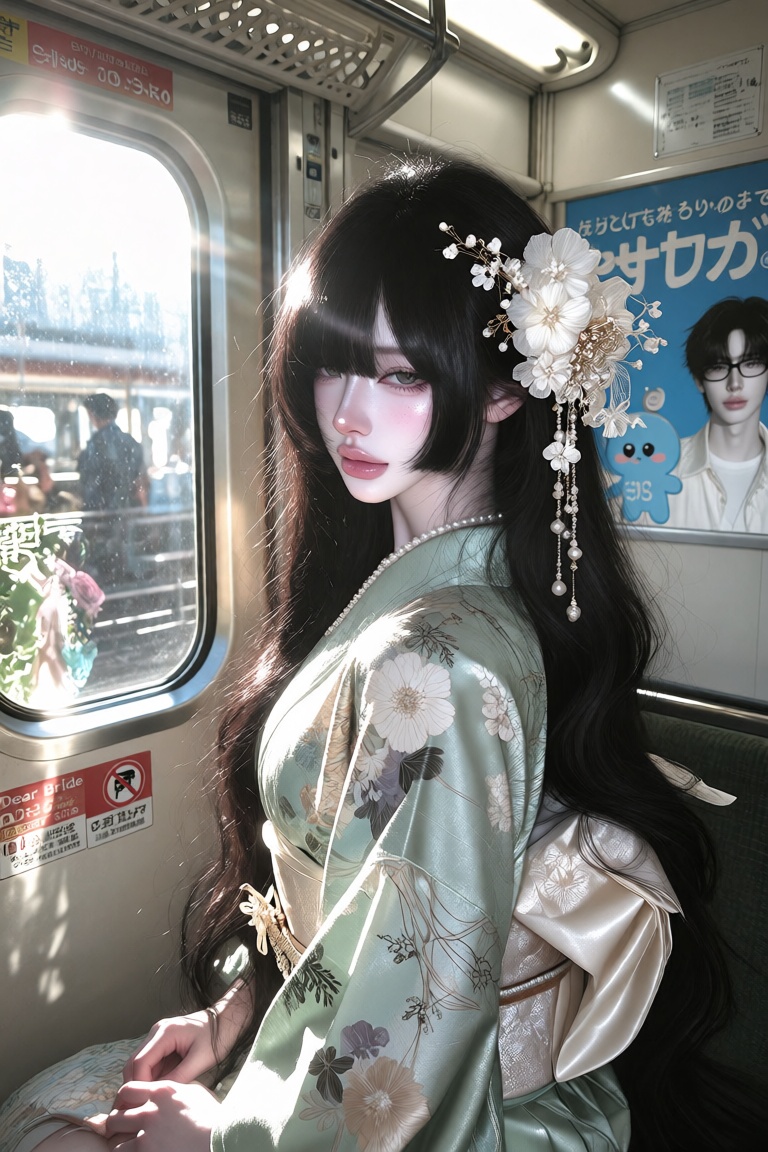A photorealistic candid photograph of a young woman inside a Japanese train carriage,  captured vertically from a close th...