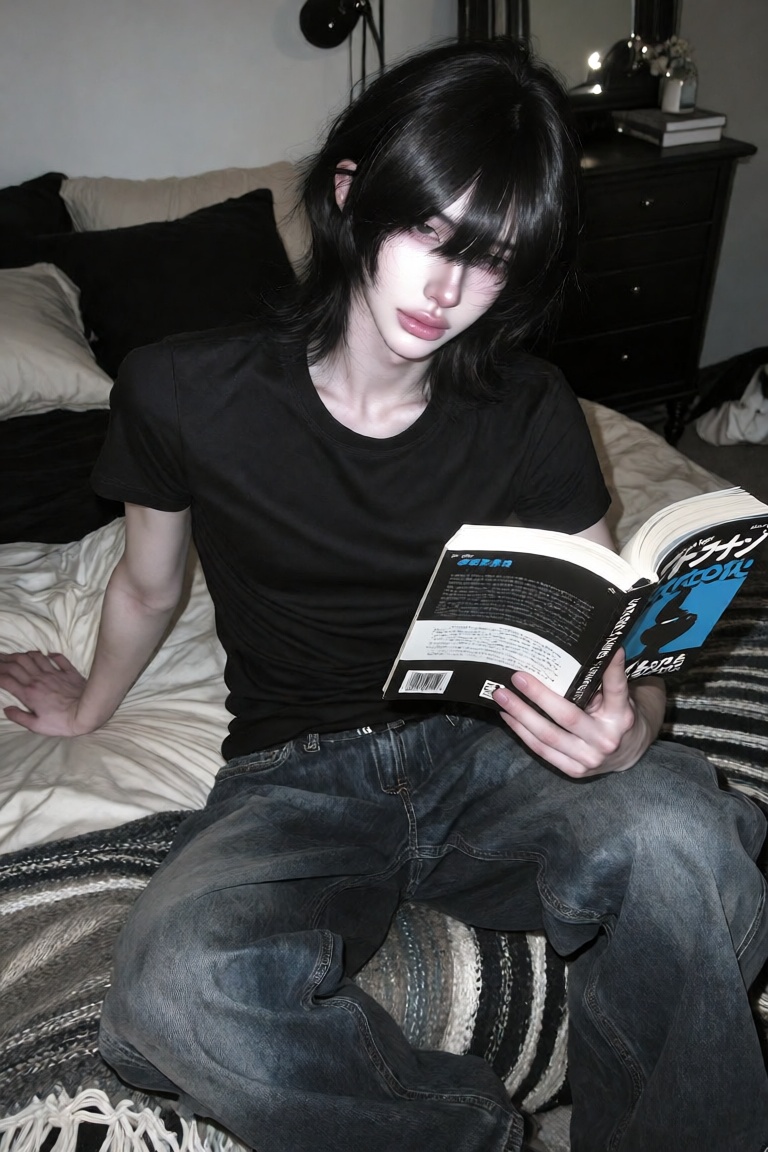A realistic candid photograph of a young man person sitting casually on a bed in a dimly lit bedroom,  photographed from a...
