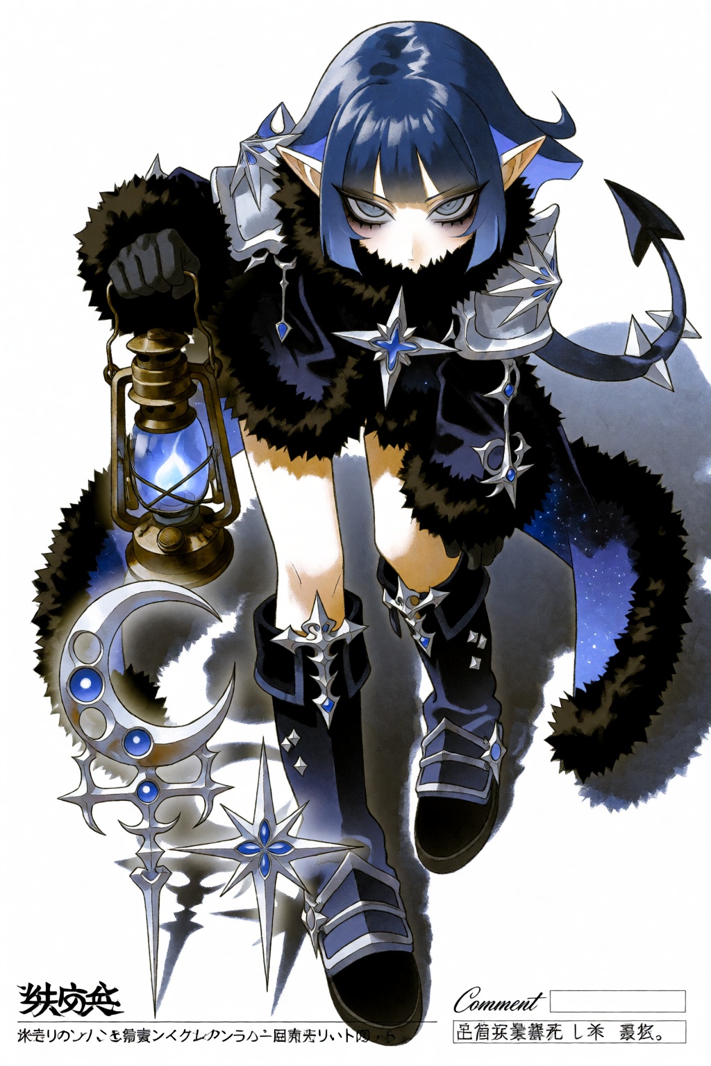 Full shot,  high-angle perspective. A pale elf girl with blunt blue hair and sharp gaze wears a tactical-gothic fusion of...