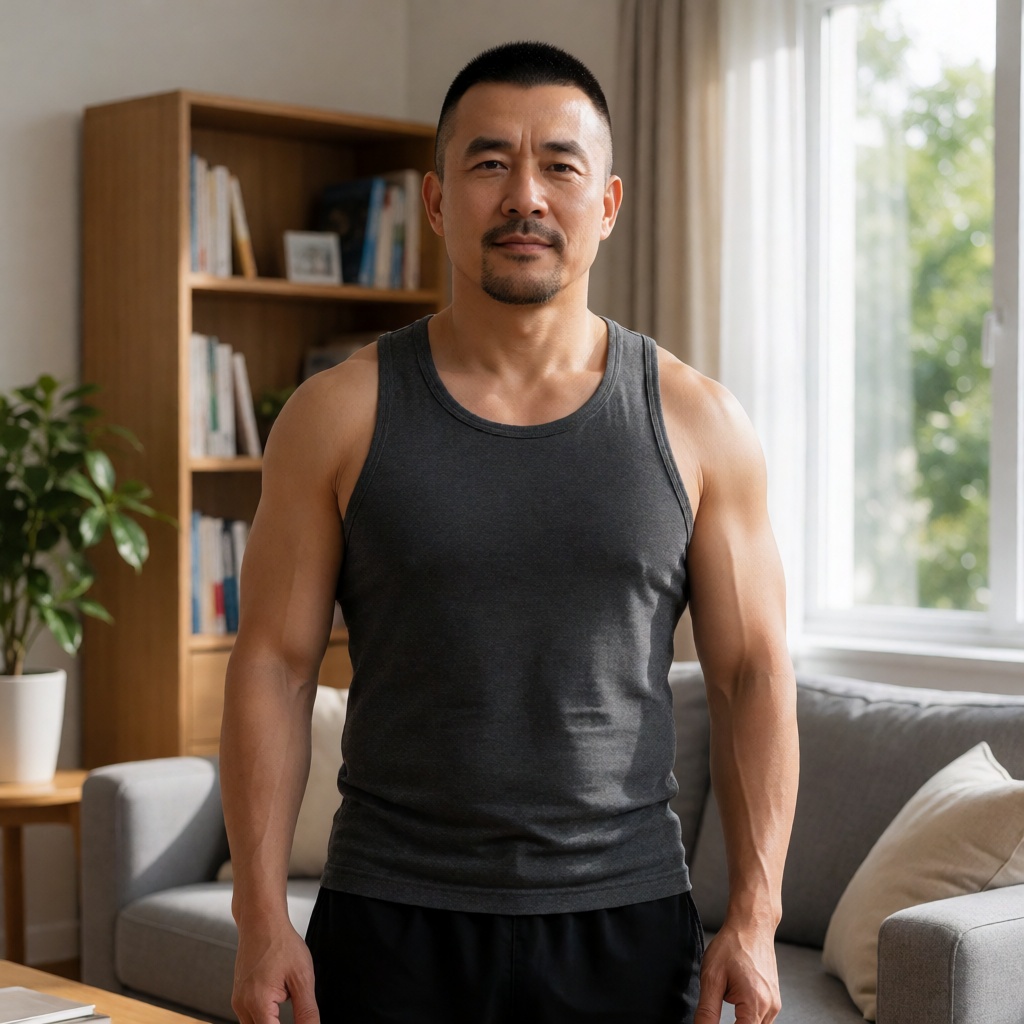 nsjs,  A realistic portrait of a middle-aged Asian man with a short,  neat crew-cut hairstyle and a well-groomed goatee. H...