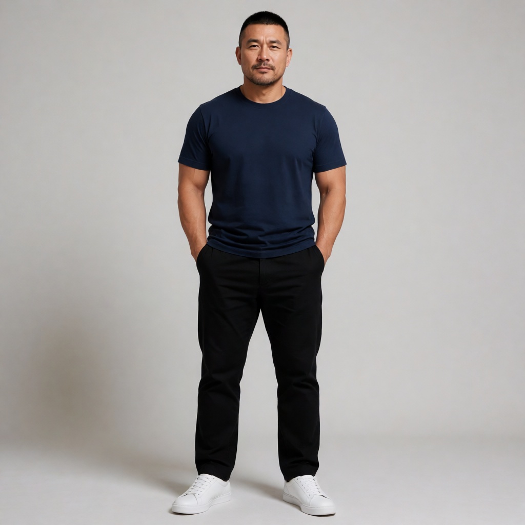 nsjs,  A full-body studio portrait of an athletic middle-aged Asian man with a balanced,  muscular build by 一起旅行 on Tensor...