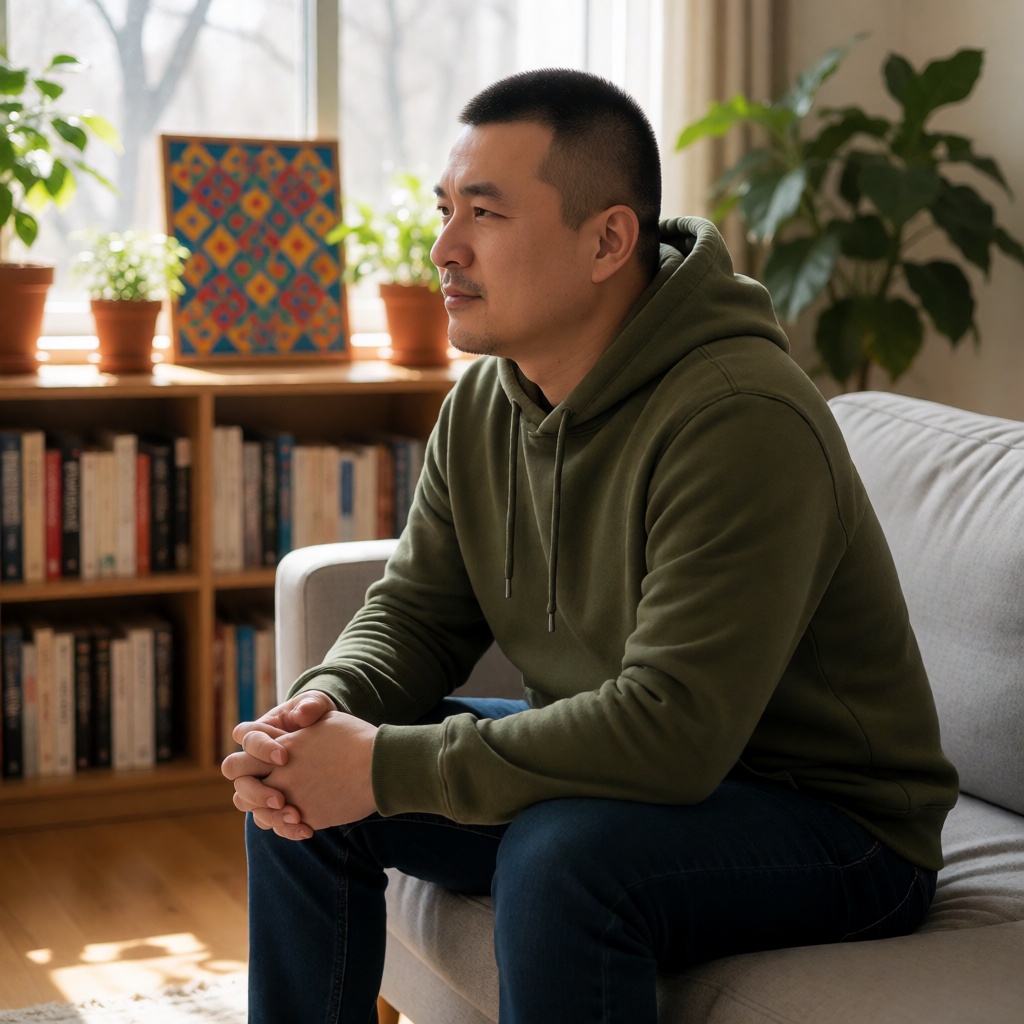 nsjs,  A chinese man with a crew cut is wearing an olive green hoodie and dark blue jeans,  sitting on a light gray sofa....