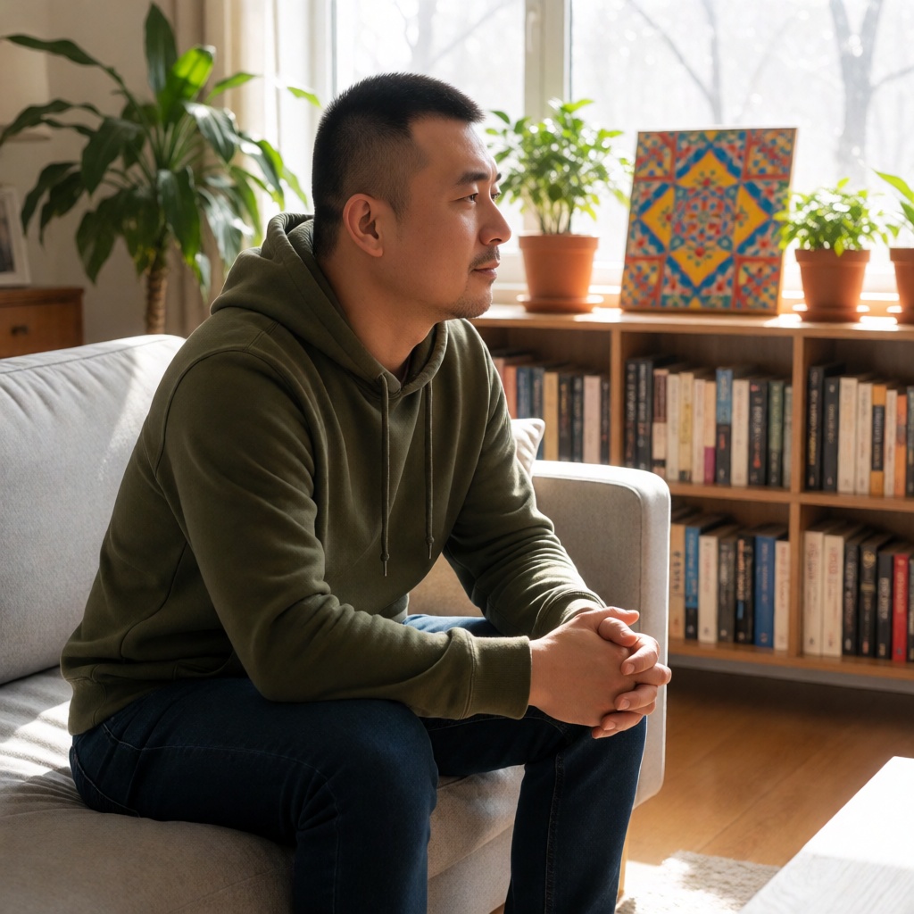 nsjs,  A chinese man with a crew cut is wearing an olive green hoodie and dark blue jeans,  sitting on a light gray sofa....