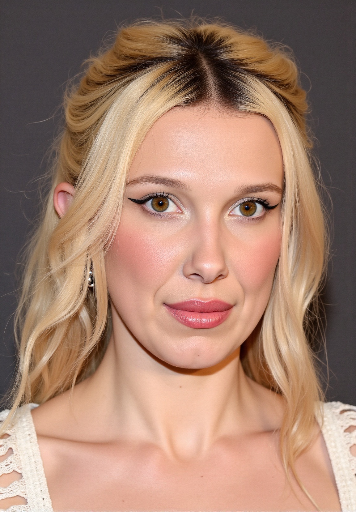 a close-up portrait of 21 year-old millie bobby brown looking at viewer (mature millie bobby brown,  millie bobby brown fa...
