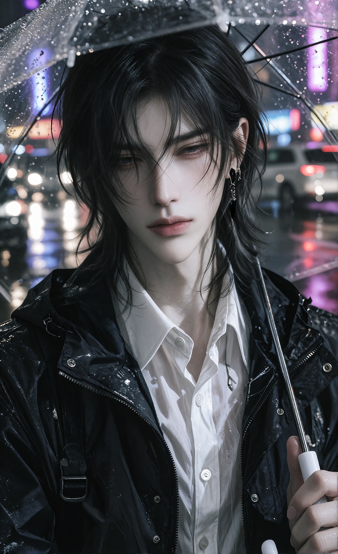 semi-realistic male character,  pale handsome face,  long messy black hair with layered strands covering one eye on Tensor...