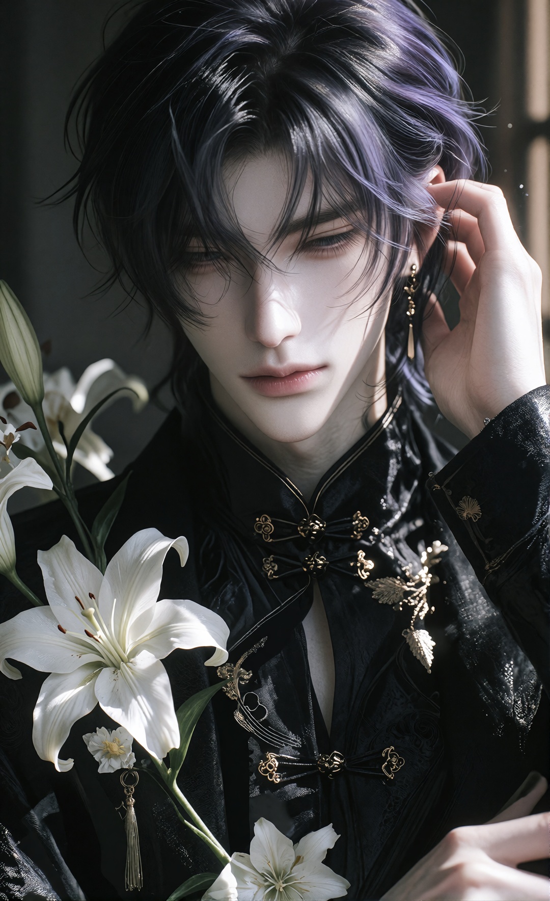 semi-realistic male character,  pale handsome androgynous face,  messy layered dark black hair with muted purple highlight...