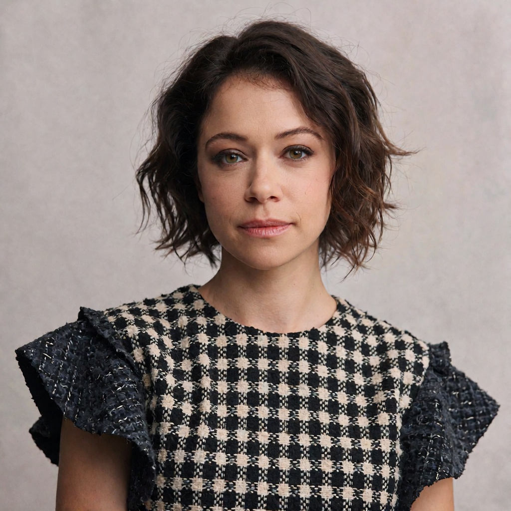 Contemporary prestige-television press portrait,  slightly off-centre single-subject composition with irregular shoulder a...