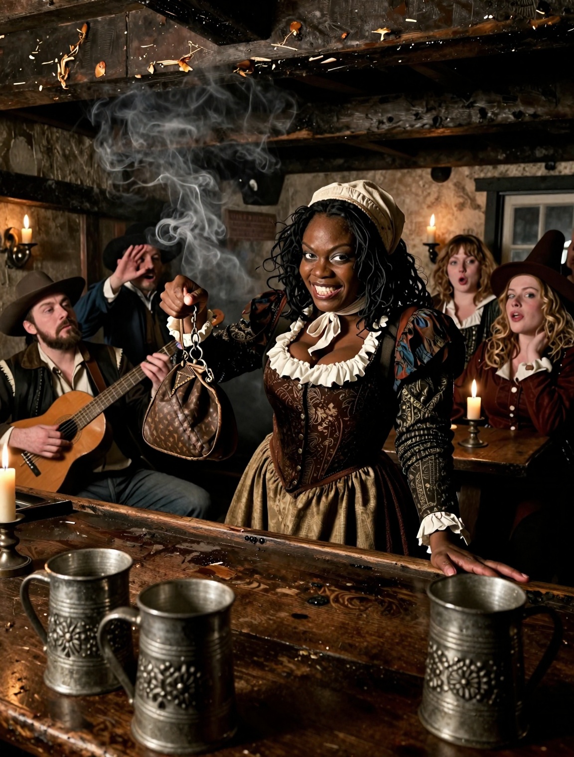 Inside the smoky,  rowdy alehouse of Fetter’s Lane,  a crooked black haired wench performs a sly sleight‑of‑hand trick beh...
