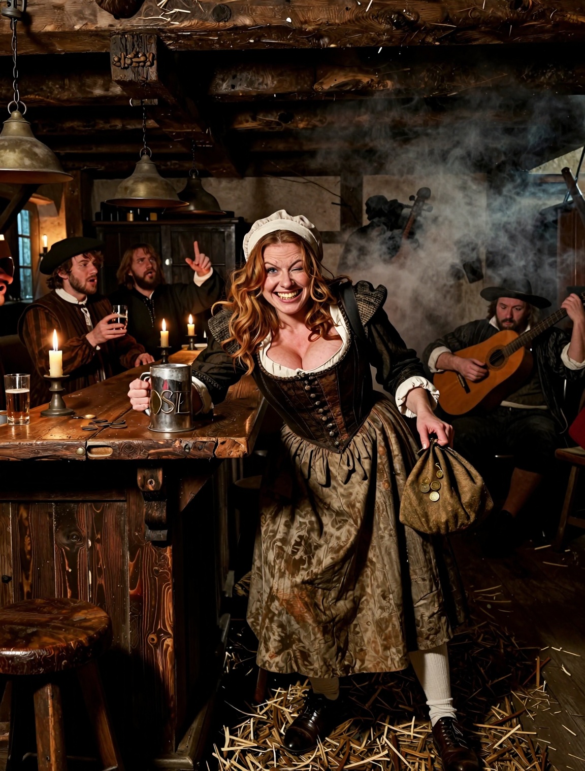 A classical photo in the style of Frans Hals and Caravaggio. Inside a smoky 16th‑century alehouse in Fetter’s Lane,  a cro...