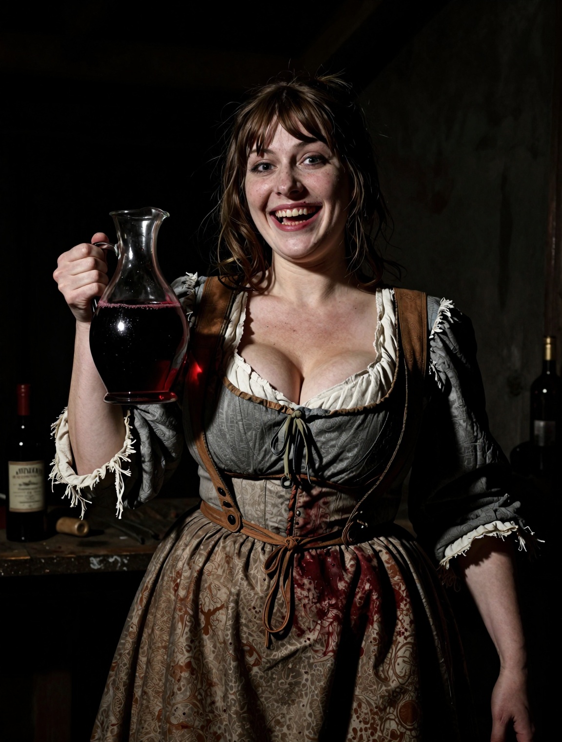 A classical photo in the style of Frans Hals and Caravaggio. A laughing female wench with brown hair,  bangs,  pale skin o...