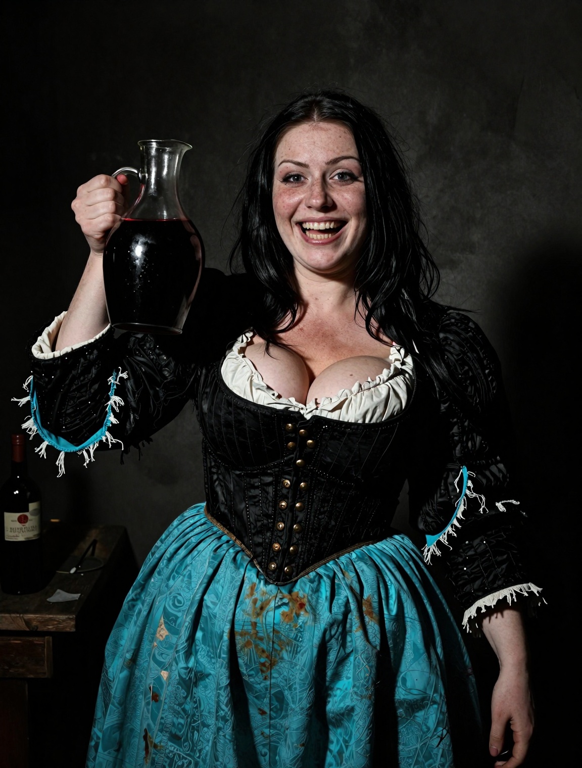 A classical photo in the style of Frans Hals and Caravaggio. A laughing female wench with long black hair,  and pale freck...
