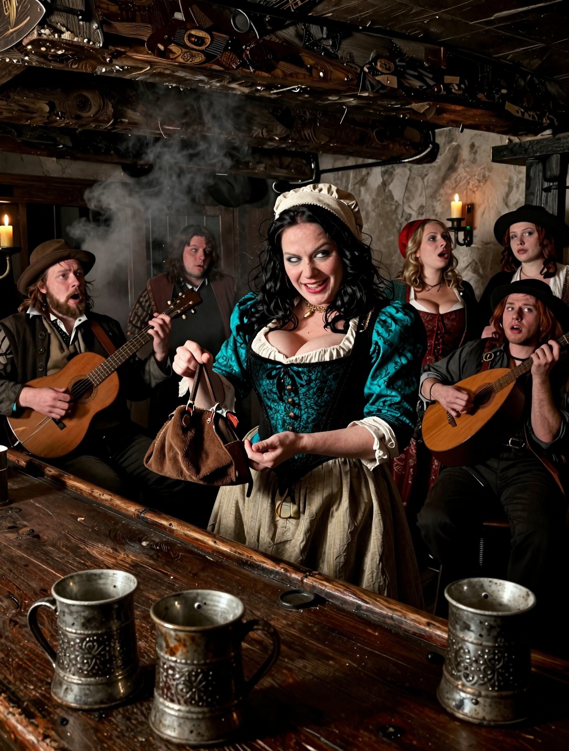Inside the smoky,  rowdy alehouse of Fetter’s Lane,  a crooked wench performs a sly sleight‑of‑hand trick behind a rough‑h...