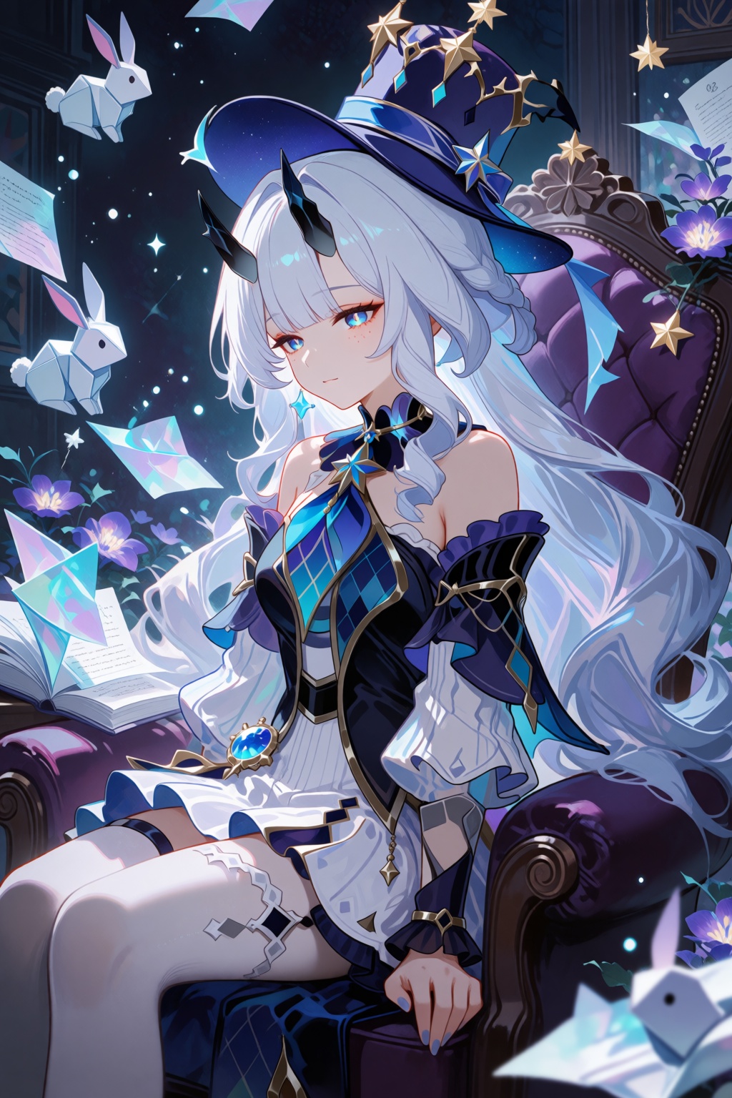 A single young female anime-style human subject sitting in an ornate,  dark purple armchair,  viewed from a medium shot wi...