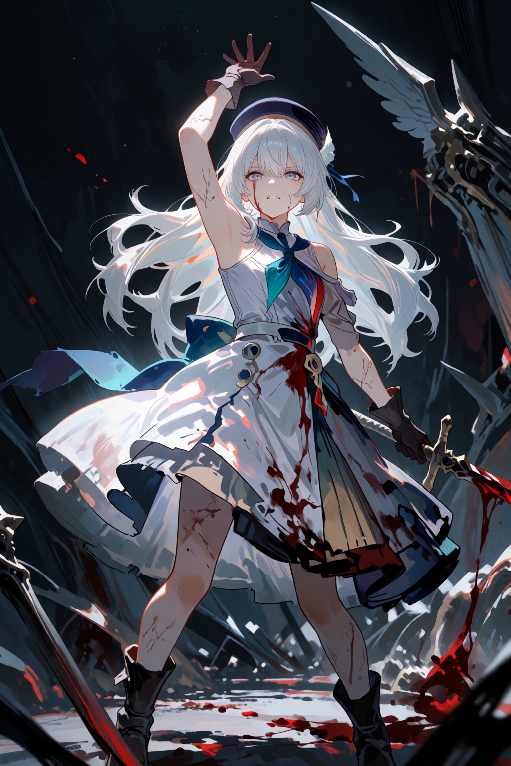 A single young female anime-style human subject shown in a full-body shot,  posed in a dramatic,  dynamic stance with her...