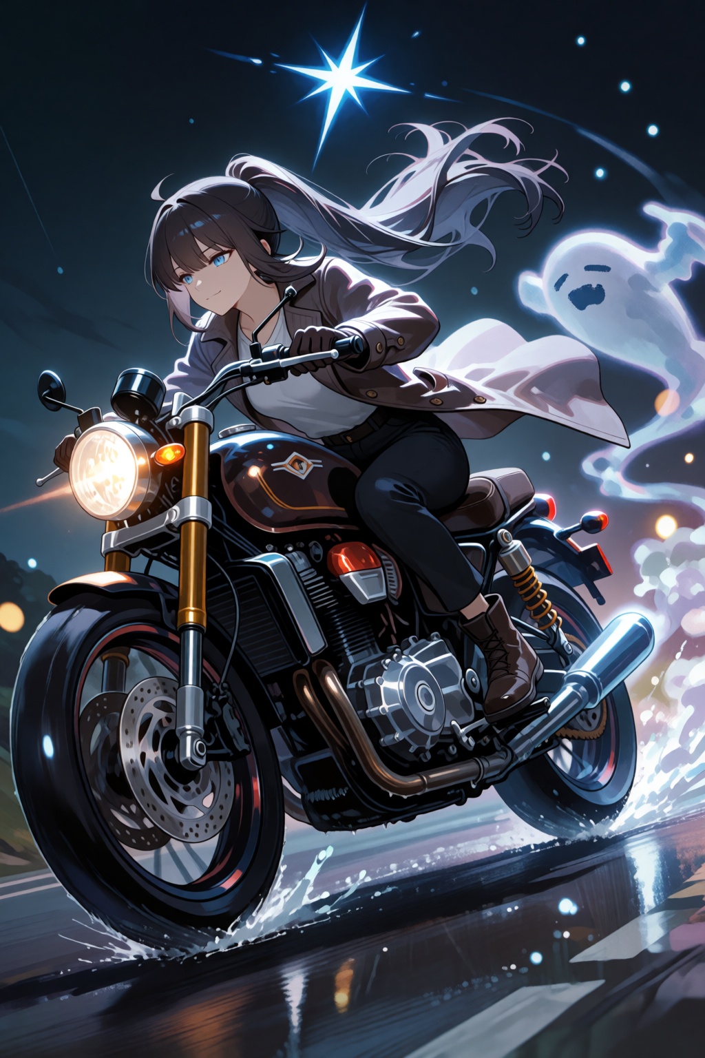 she leans gracefully into a sharp turn,  one hand controlling the handlebar,  the other hand loosely extended into the win...