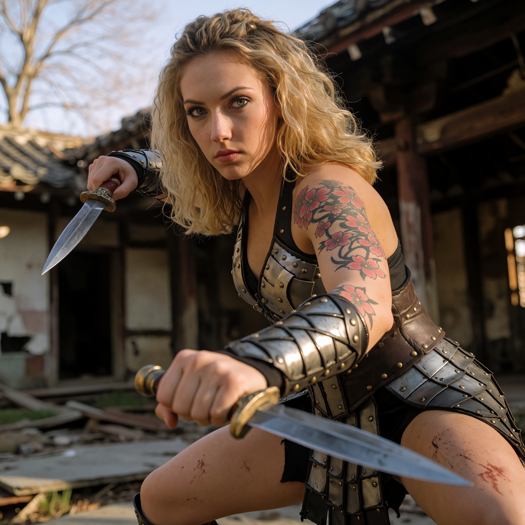 Create a breathtaking cinematic low-angle photo of a powerful blonde athletic woman. She stands in a fierce crouched comba...