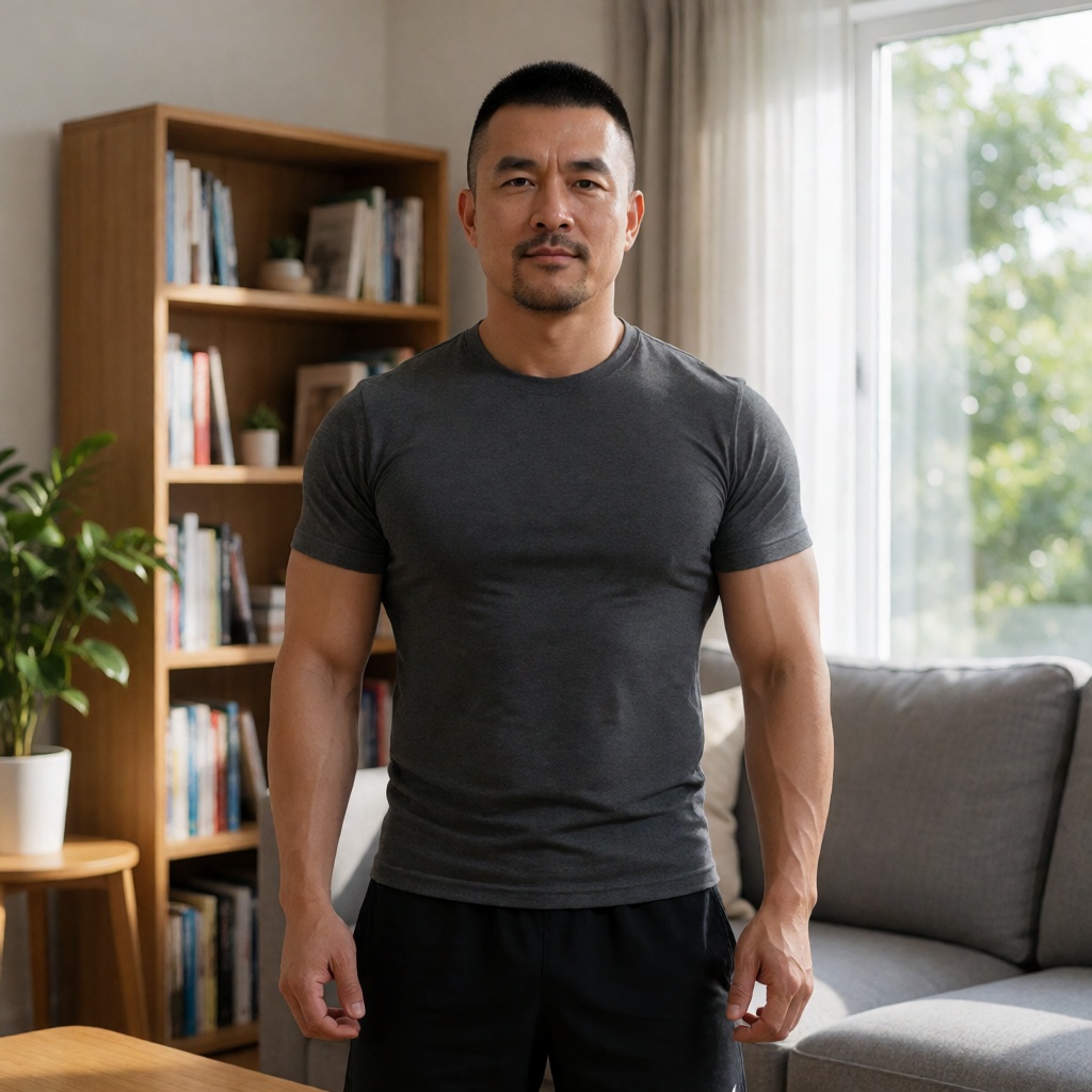 nsjs,  A realistic portrait of a middle-aged Asian man with a short,  neat crew-cut hairstyle and a well-groomed goatee. H...