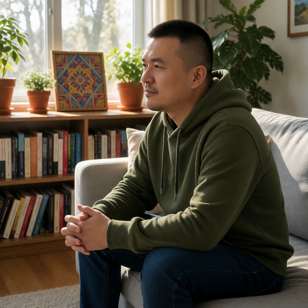 nsjs,  A chinese man with a crew cut is wearing an olive green hoodie and dark blue jeans,  sitting on a light gray sofa....