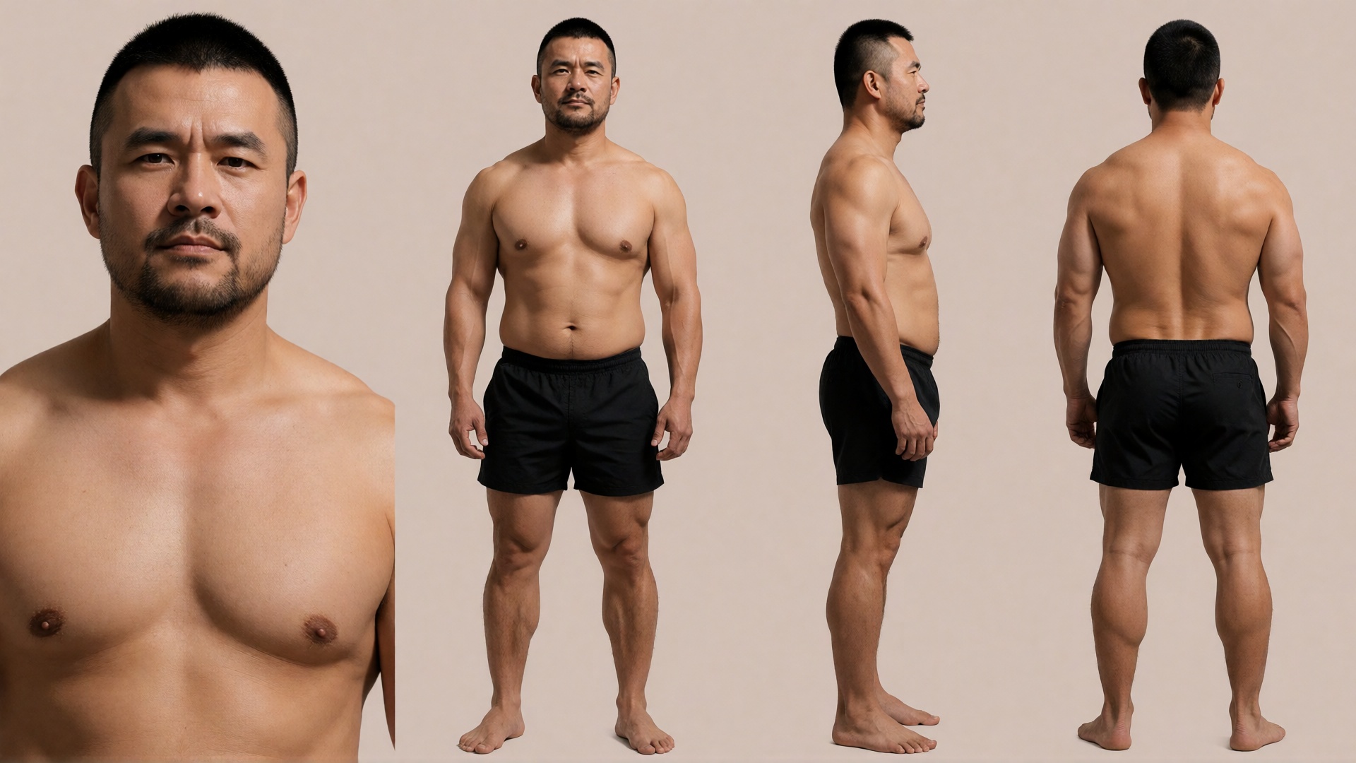 Masculine Asian man photos,  short hair buzzcut,  stubble on Tensor.Art