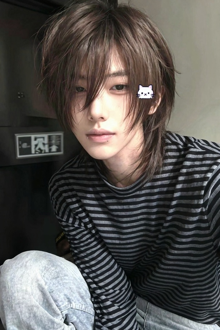 A young man with an androgynous appearance poses for a close-up,  looking directly forward with a neutral expression. He h...
