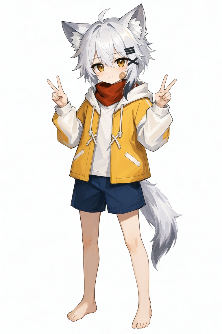 动漫插画,  全身. 一个名为**bymeng** 的wolf boy,  拥有白色短发(狼尾 on Tensor.Art