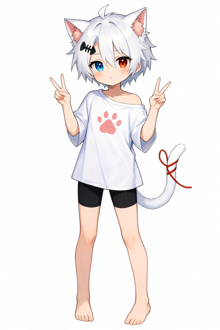动漫插画,  全身. 一个名为**wuhua** 的cat boy,  拥有白色短发(带侧分三分刘海 on Tensor.Art