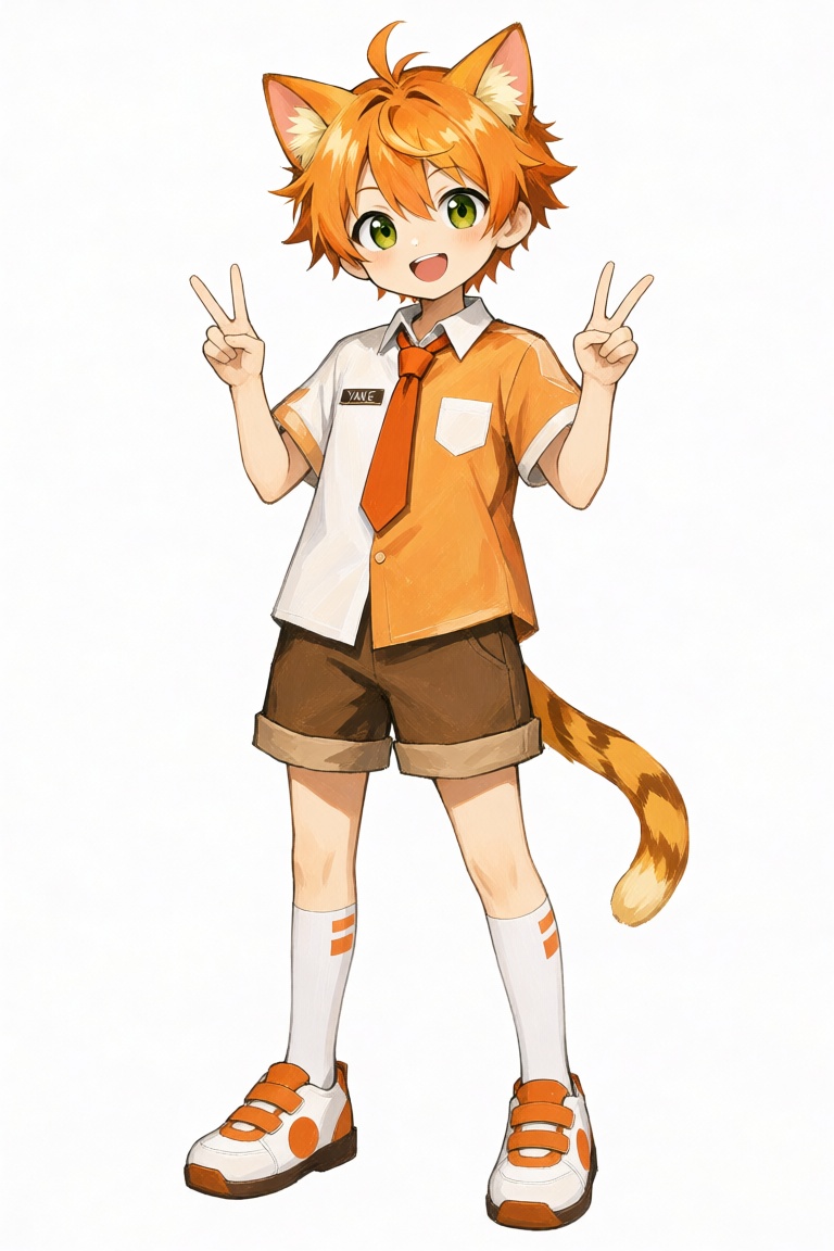 动漫插画,  全身. 一个名为**yake** 的cat boy,  拥有橙色短发 on Tensor.Art