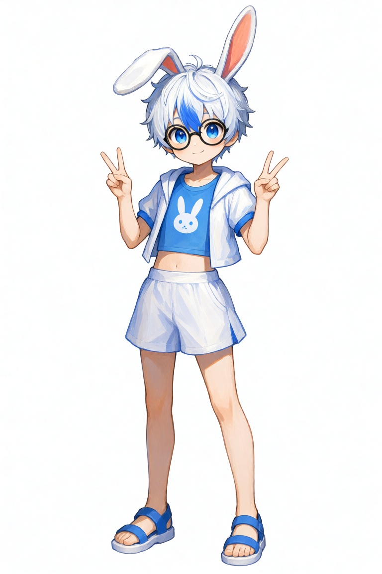 动漫插画,  全身. 一个名为**tuli** 的rabbit boy,  拥有白色短发(居中蓝色挑染) on Tensor.Art